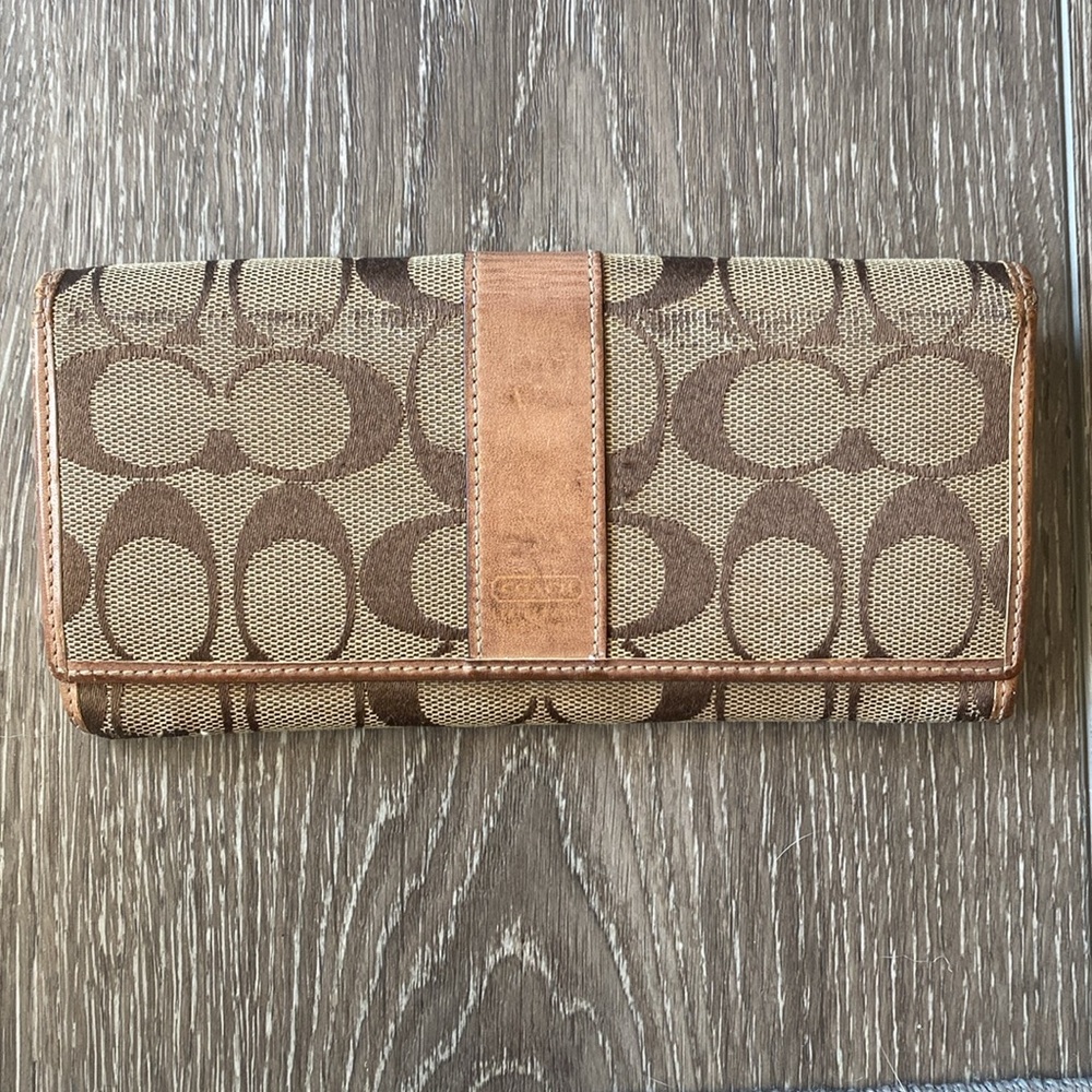 Coach Signature Canvas Wallet Monogram Long Snap Zip Coin 10 Card Slots Tan